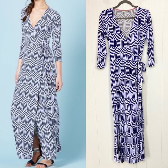 Boden Dresses & Skirts - Boden Geo Wrap Maxi Dress Long Sleeve Women's Size 6 Blue White Stretch *